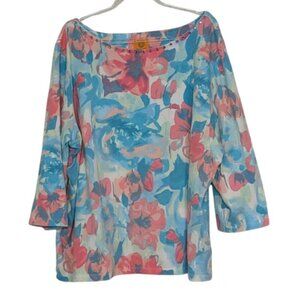 Ruby Rd Floral Shirt Womens Size 2X Blue Cotton Stretch Embellished 3/4 Sleeves